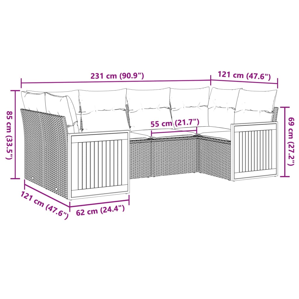 Vidaxl 6-Cz. Garden Furniture Set With Cushions, Grey, Poly Rattan