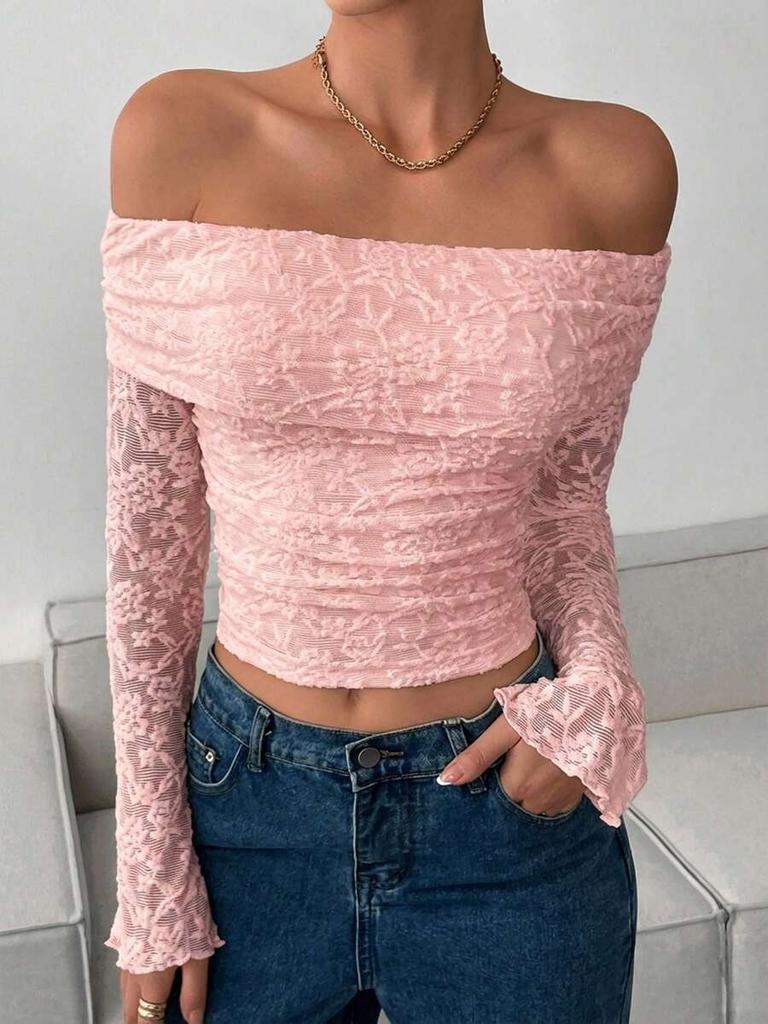European and American Autumn New One-word Shoulder Knitted Lace Long Sleeves Slim and Thin Temperament