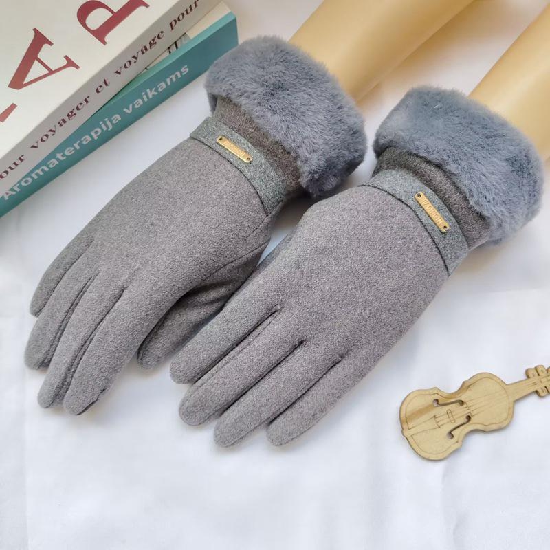 Autumn Winter Warm Suede Gloves Plus Velvet Thickened Plush Decor Cuff Gloves Outdoor Coldproof Touchscreen Riding Ski Gloves