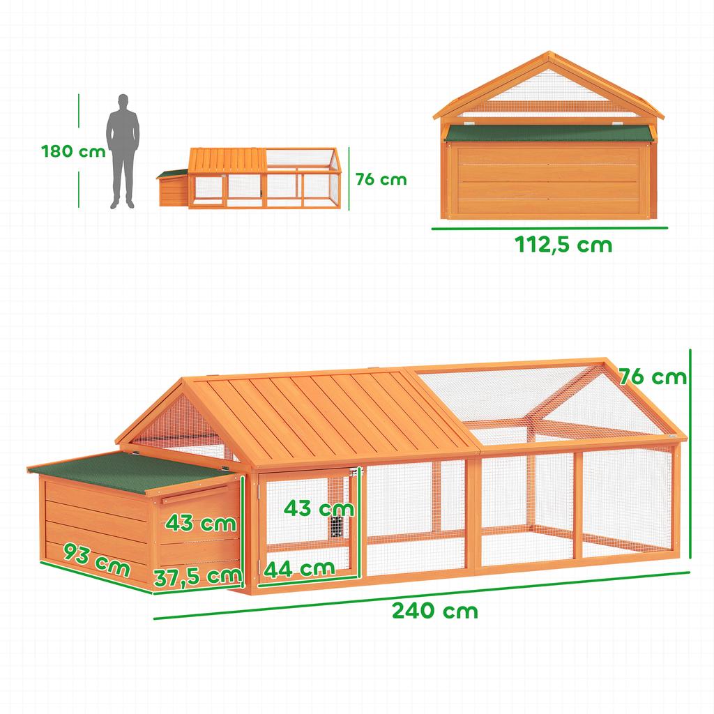 Chicken Coop Free-Range Enclosure 2.4 X 1.125 X 0.76 M with Lock, Fir Wood, with Door, Hinged Roof, Outdoor Poultry Coop, 4-8 Chickens, Orange
