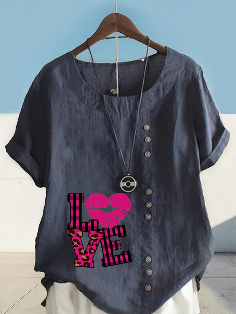 Women's Fashion Love Letters Print Shot Sleeve T-shirt Loose Cotton Shirt Casual Loose Summer Blouse Tops Plus Size