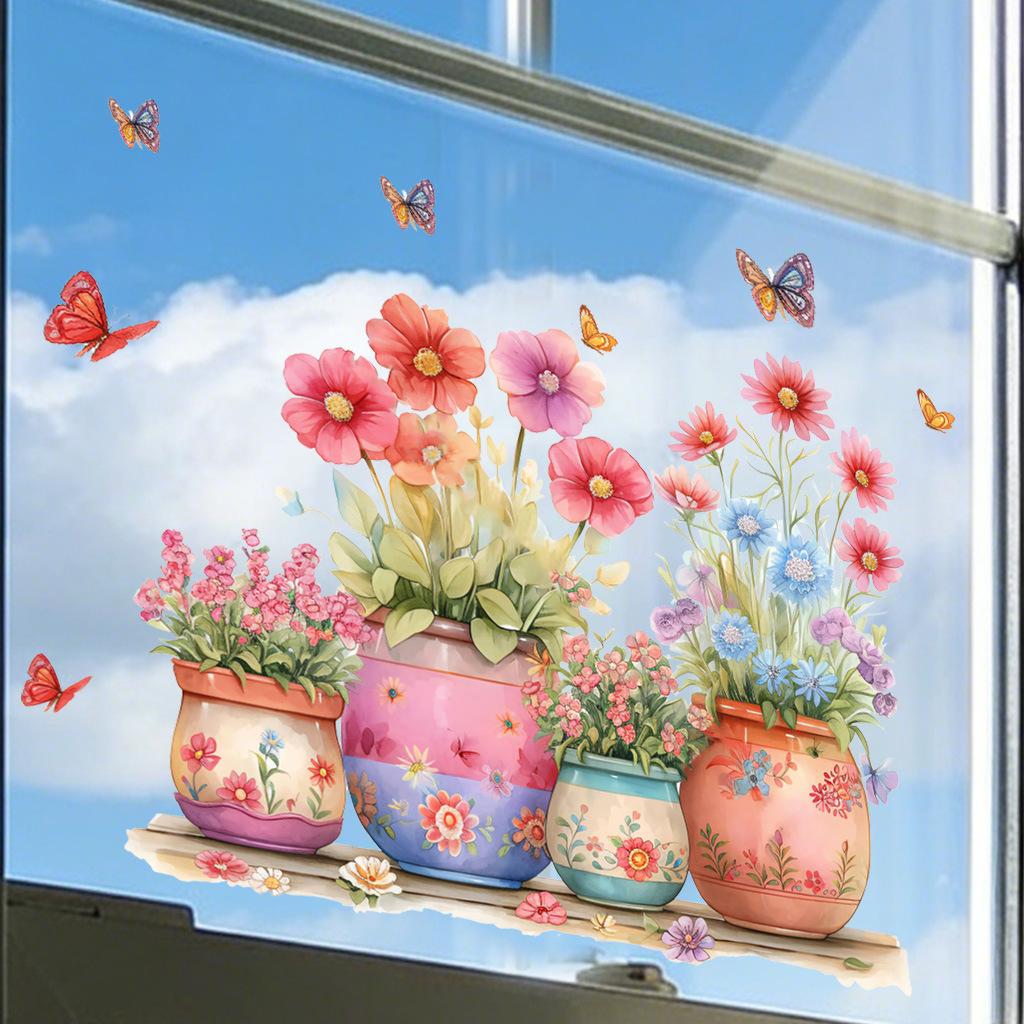 Floral Flower Pot with Butterfly Wall Stickers, Removable Anti-Static Waterproof Self-Adhesive PVC Decals for Living Room Bedroom Kitchen Decoration