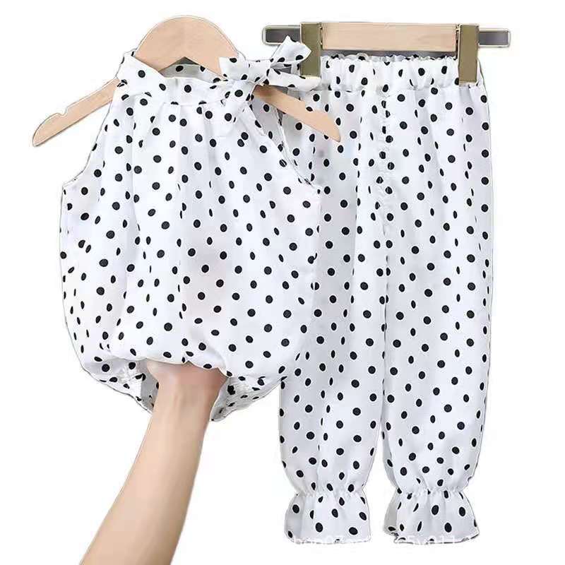 Mode Barn Ärmlös Outfit Bebisar Flickor Polka Dot T-shirt Byxor Set Lös Byxdress Mjuk Barn Sommar Tunn