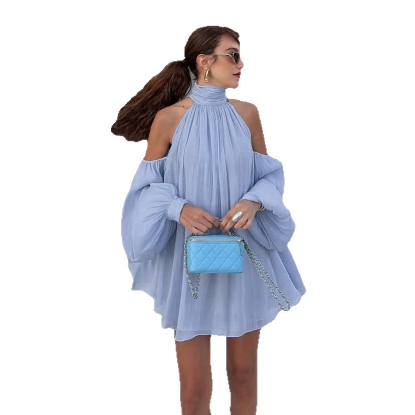 European and American holiday style neck chiffon top women's summer heap collar off the shoulder loose bubble sleeve pleated shirt