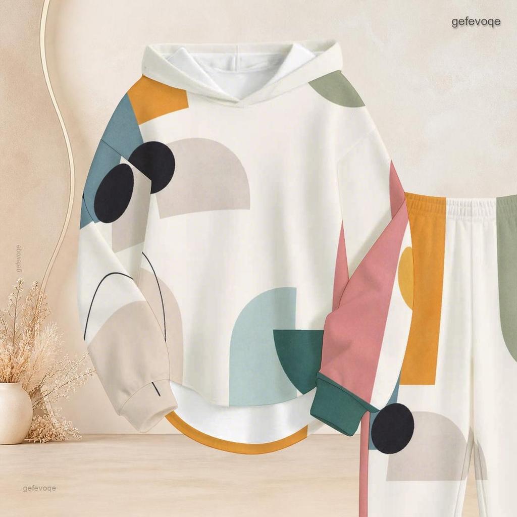 Women Plus Size Two Piece Outfit Long Sleeve Hooded Printed Top Cuffed Pants Black Grey Blue