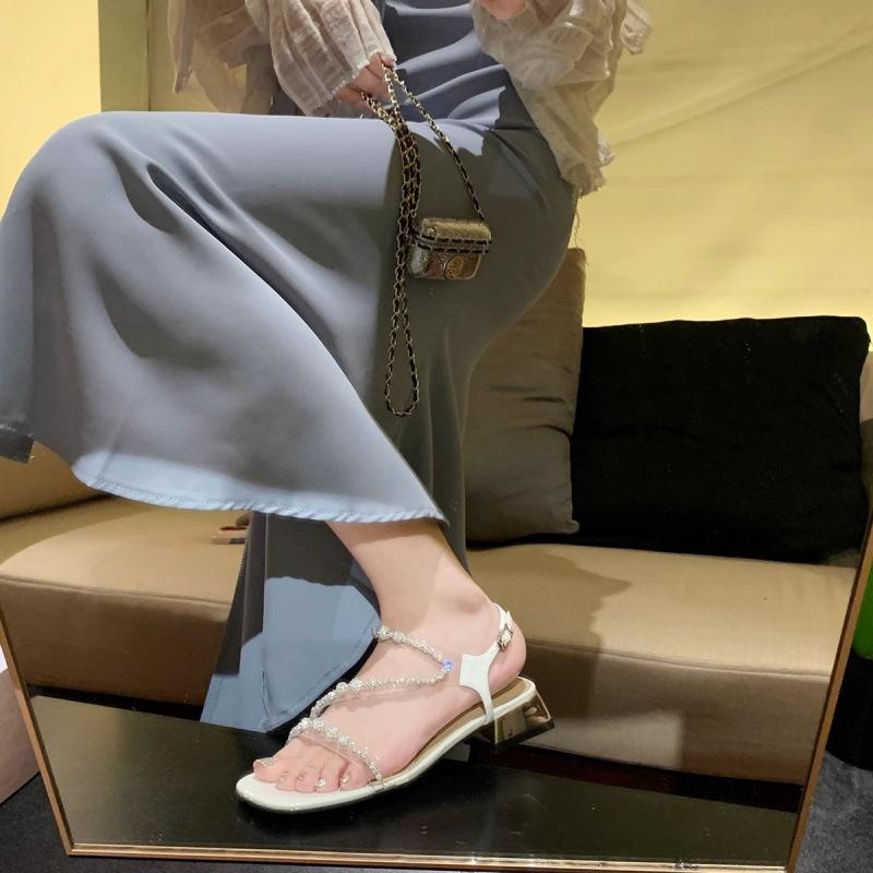 Sandals women's rhinestone word with thick heel new silver sandals