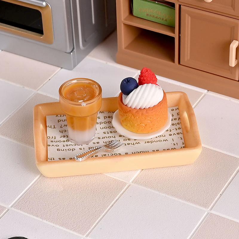 Miniature Dollhouse Decor Mini Milk Tea Cake With Plate For Kid Pretend Play Toys