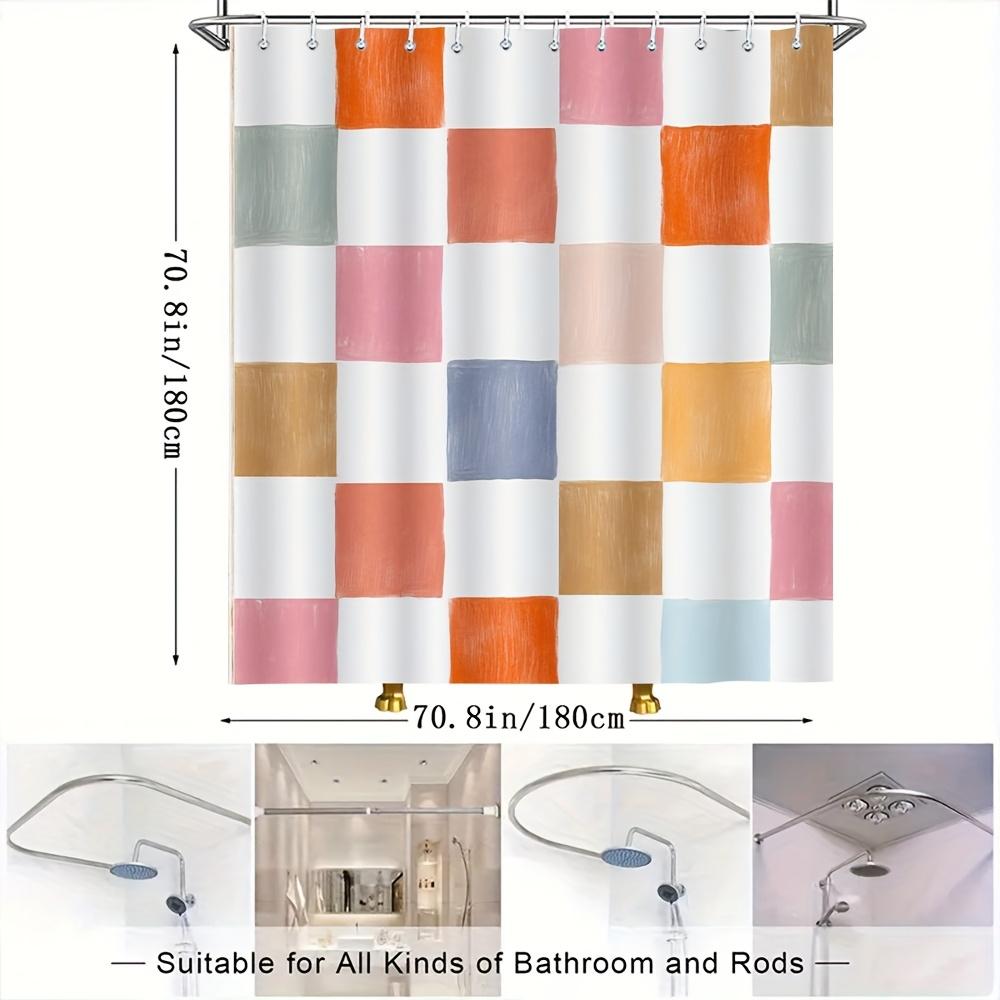 Colorful Checkered Shower Curtain – Painted-Style Squares on White, Polyester, 12 Hooks, Machine Washable, 180x180cm71x71in