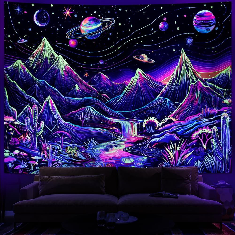 Leofanger Tapiz de montaña con luz negra, tapiz floral de plantas trippy, reactivo a los rayos UV, tapiz de pared con galaxia, planeta, cascada de