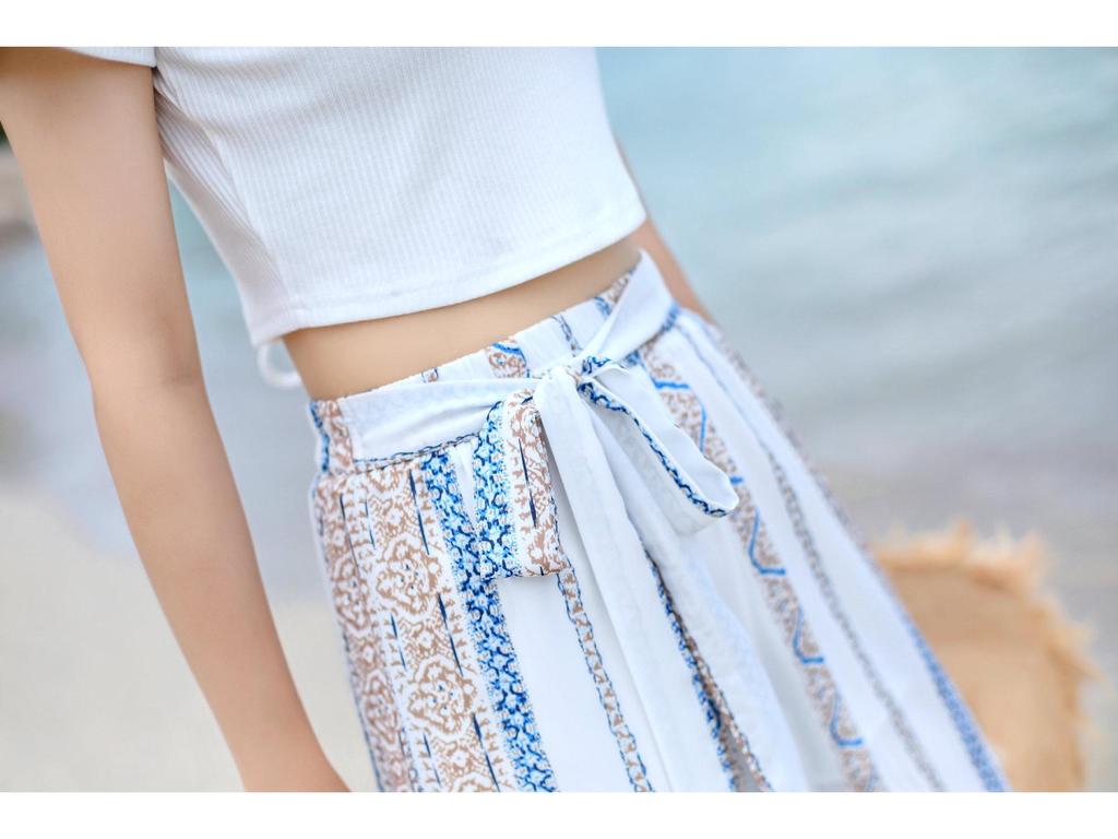 2023 Women's Summer Chiffon Wide-Leg Lace-Up High Waist Slit Pants with Lace Patchwork (F294)