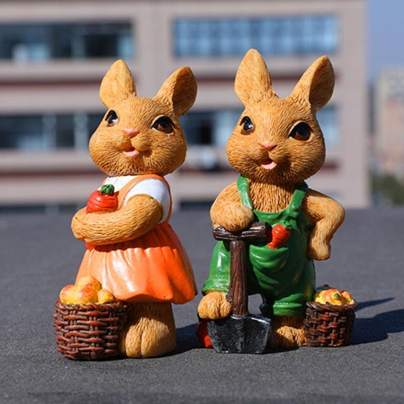 2Pcs Easters Bunnies Sculptures Resins Animal Ornaments Rabbit with Cart Figurines for Balconies Patios or Home Decors