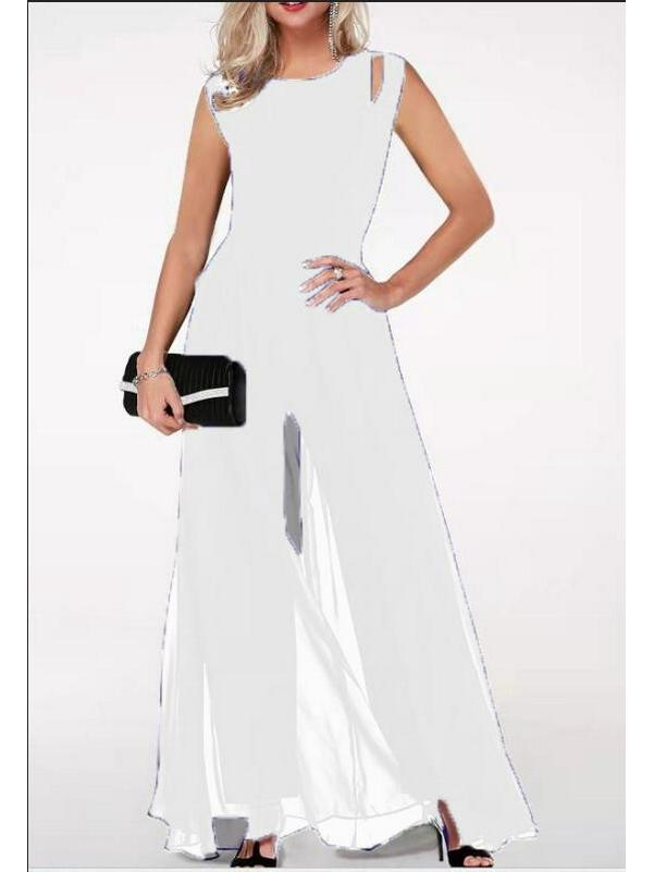 

2023 Женский приталенный комбинезон без рукавов из молочного шелка с вырезами - Круглый вырез, Однотонный, Цельный дизайн Small