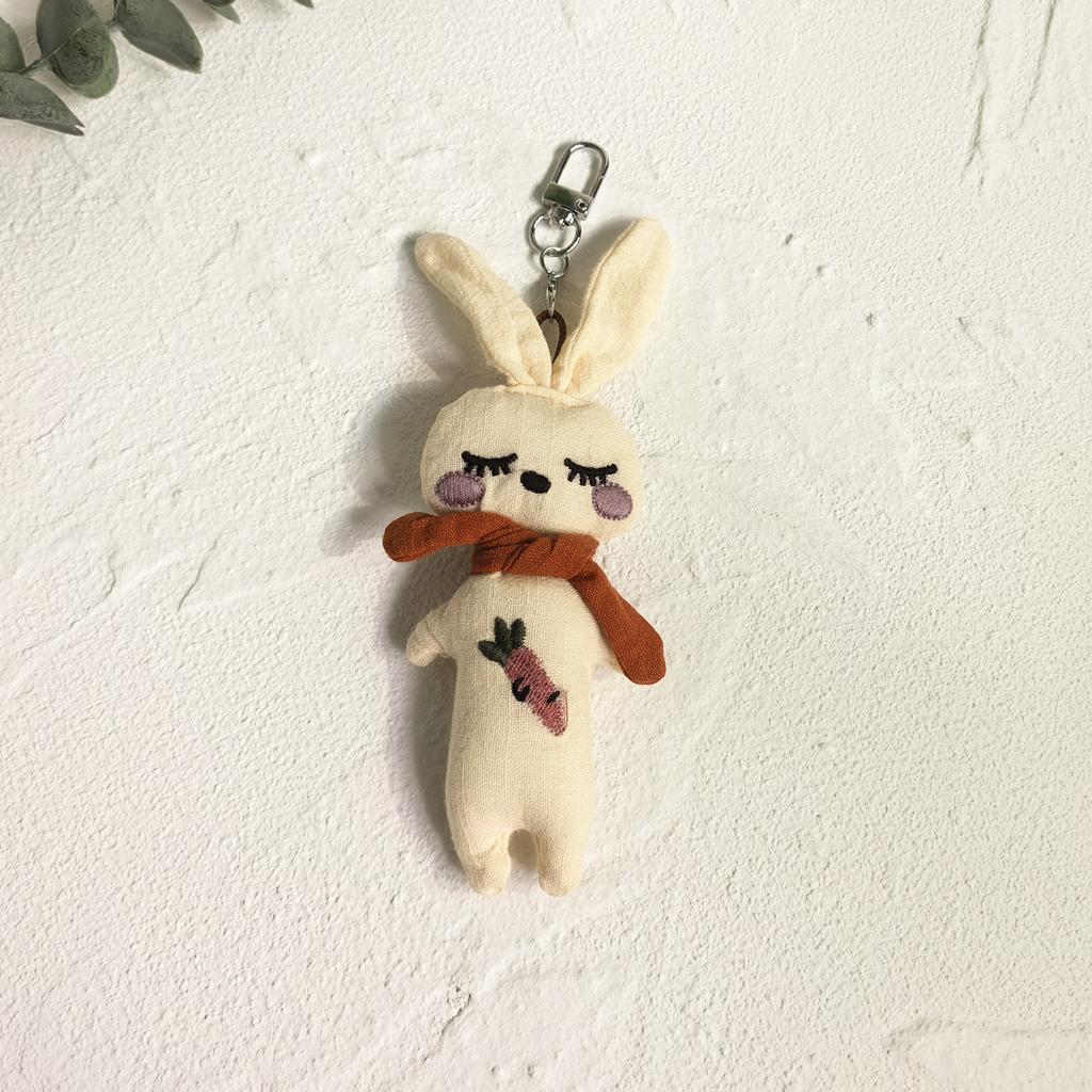 Handmade Fabric Rabbit Keyring, Linen Bunny Pendant with Carrot Embroidery & Multicolor Cord,Sleeping Bunny Keychain, Cute Plush Charm