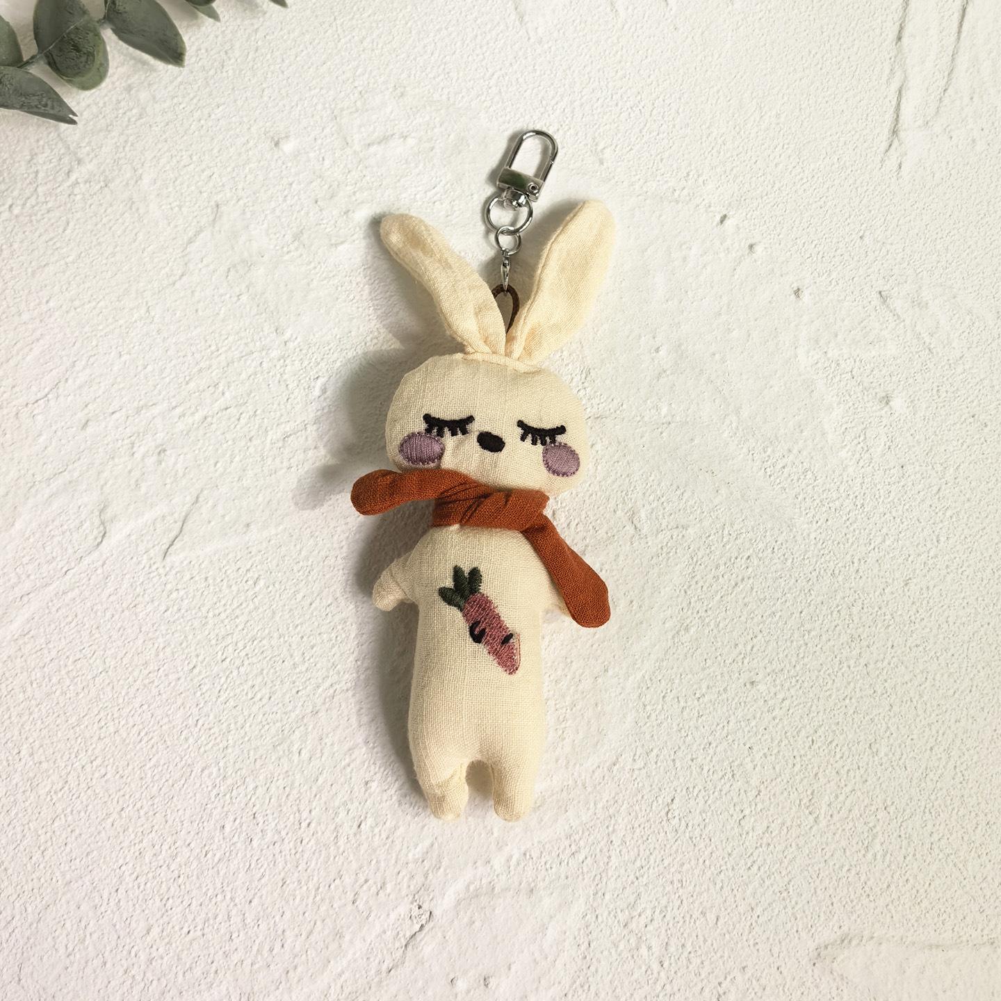 Handmade Fabric Rabbit Keyring, Linen Bunny Pendant with Carrot Embroidery & Multicolor Cord,Sleeping Bunny Keychain, Cute Plush Charm