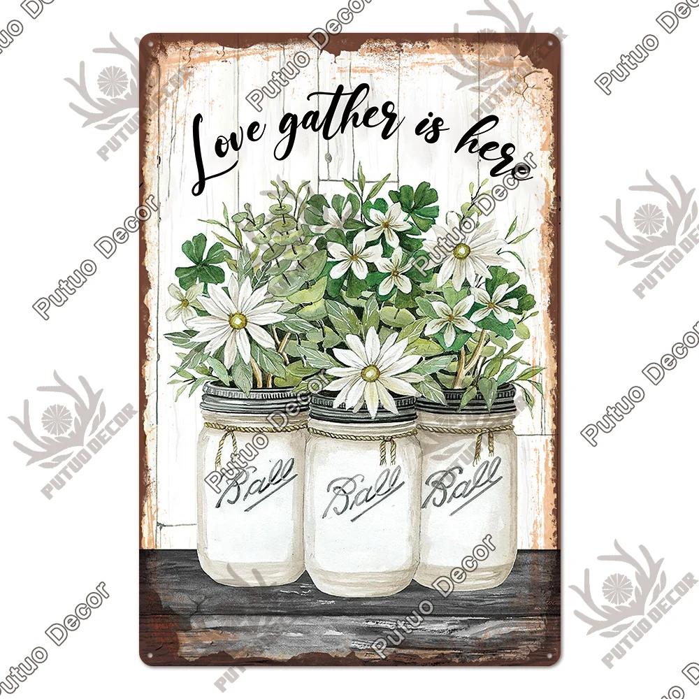 Putuo Decor Lavendel Metallskyltar Plåtposter Metall Vintage Solros Skyltar Retro Blomma Plåtskylt Tusensköna Väggdekor för Hem Trädgård