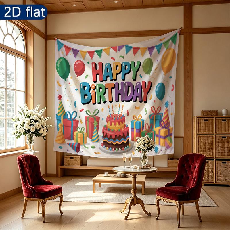 Floral Balloons Cake Birthday Banner for Party Decor, Polyester Backdrop for Photo Booth & Wall Art
