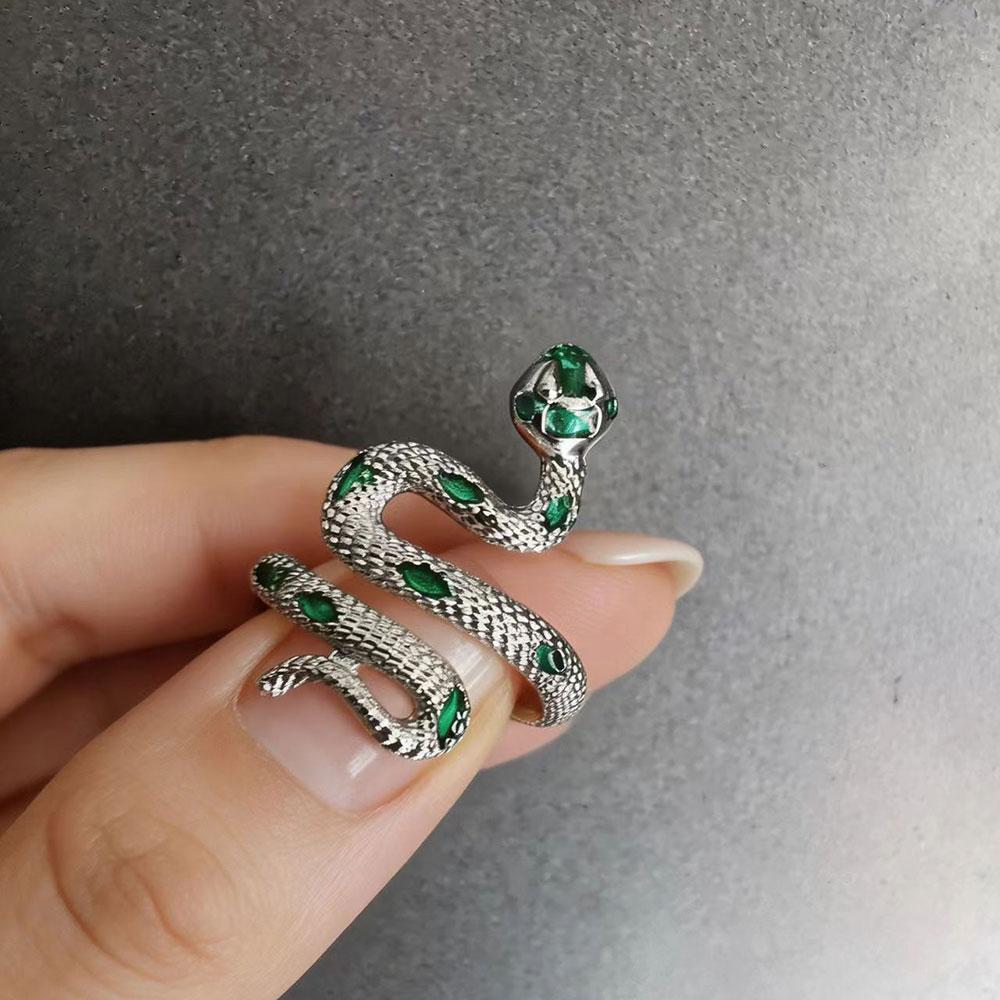 Snake Shaped Open Ring For Women Men Vintage Green Enamel Zircon Irregular Adjustable Finger Rings Jewelry