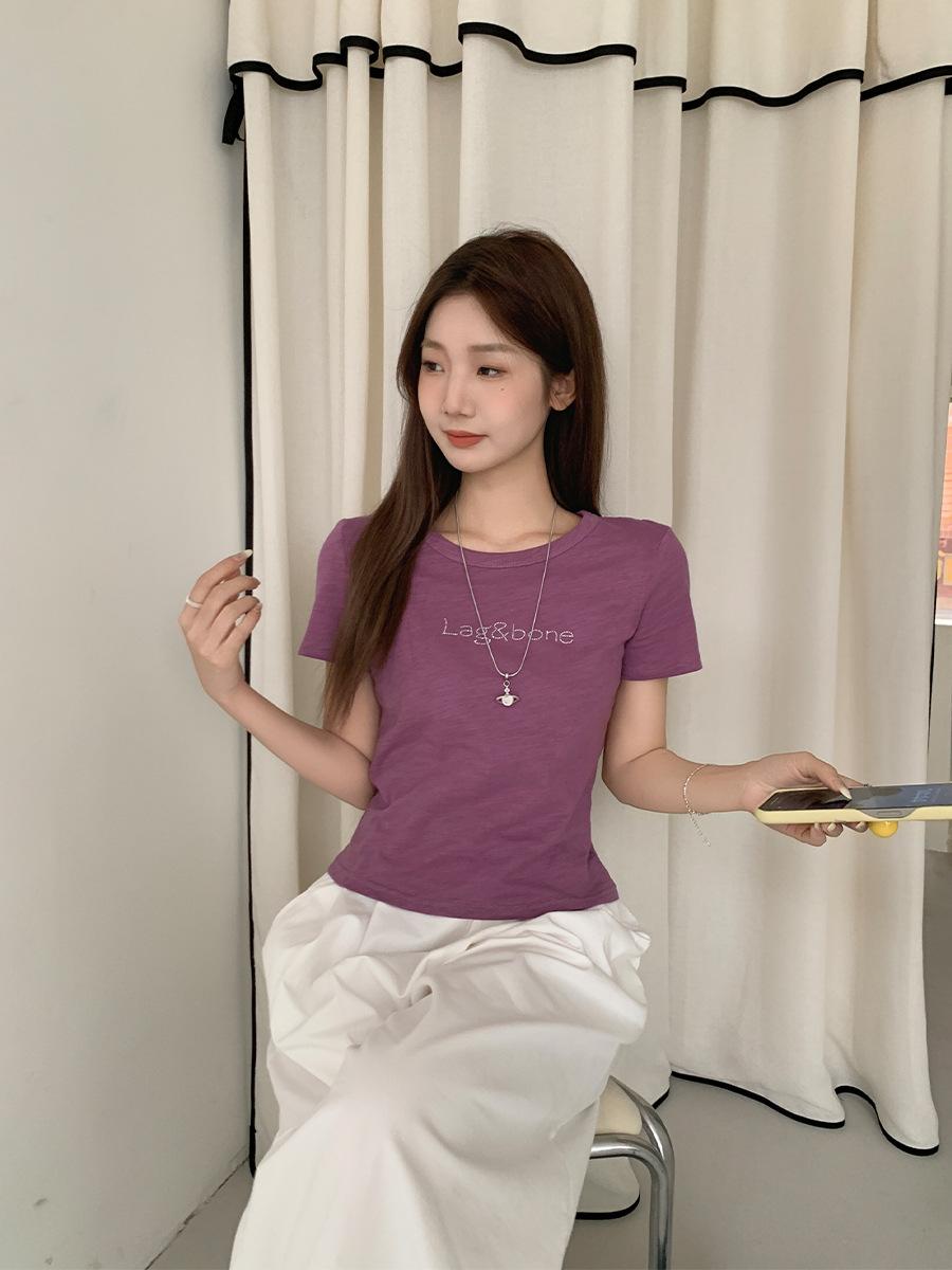 

Texture round neck front shoulder short-sleeved t-shirt women s summer new slim and thin unique chic beautiful top L