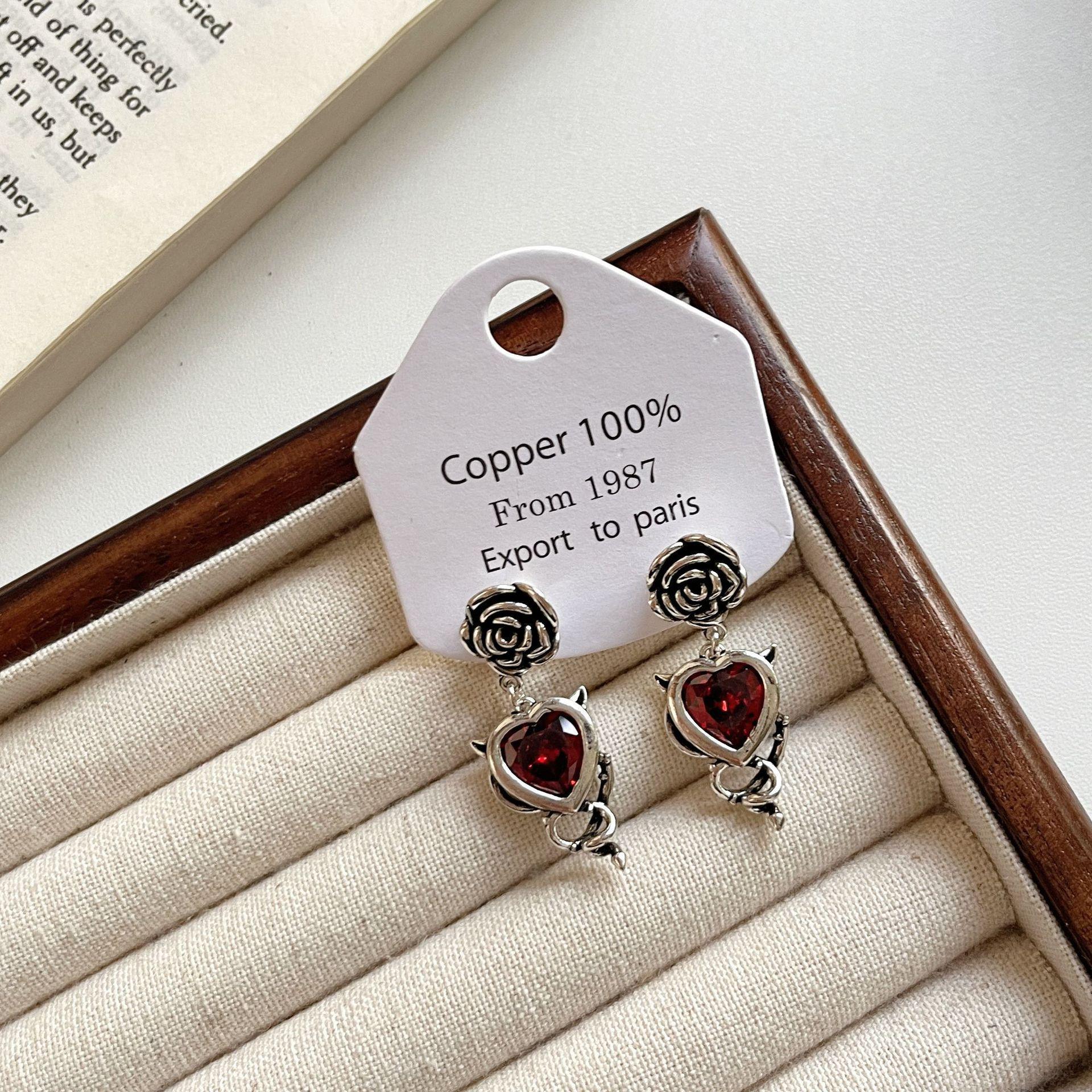 Retro Rose Heart Tassel Earrings: Trendy Long Studs for Women