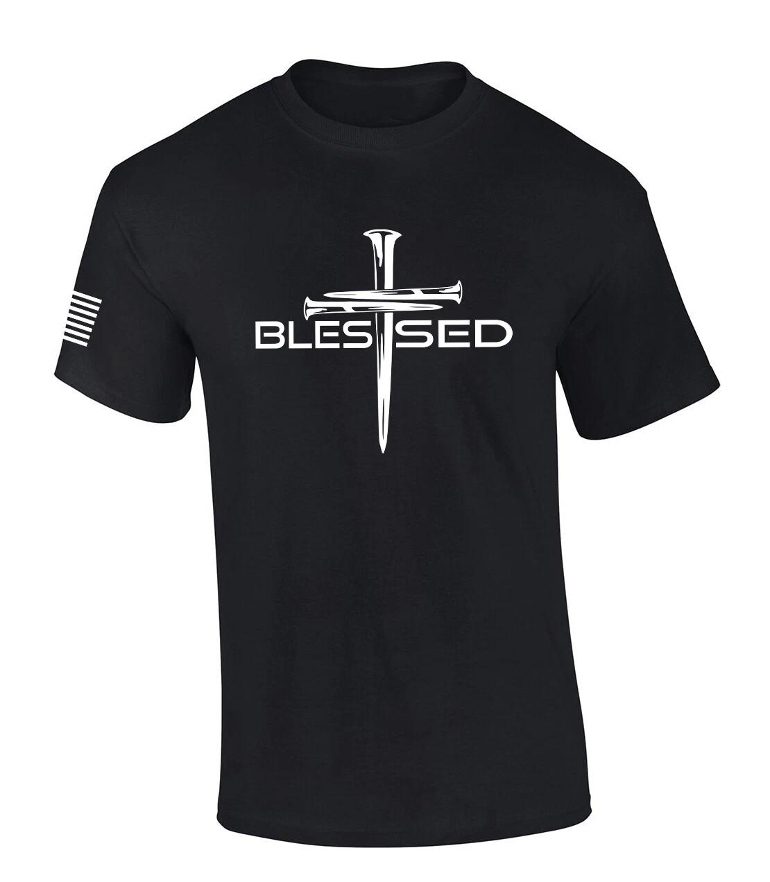 Mens Christian Shirt Nail Cross Blessed Short Sleeve T-Shirt Graphic Tee 3XL