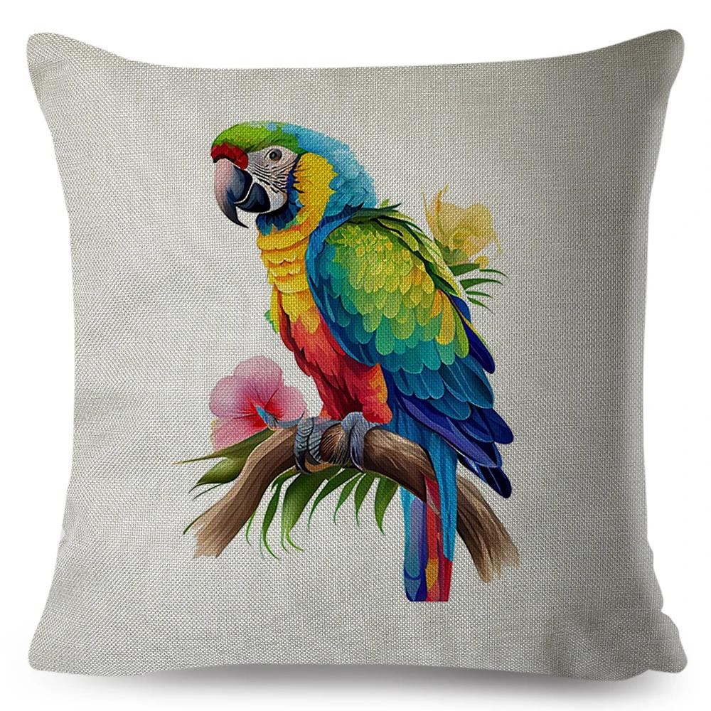 Federa Cuscino Doppia Stampa Cartoon Uccello Pittura ad Acquerello per Decorazione Divano Casa Bella Pappagallo Animale Federa Cuscino Copricuscino in Lino