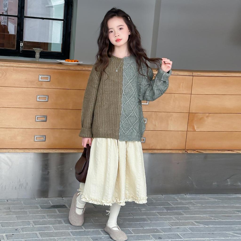 Herbst Winter 2025 Color Block Strickpullover für Mädchen - Trendiges Lazy-Style Oberteil