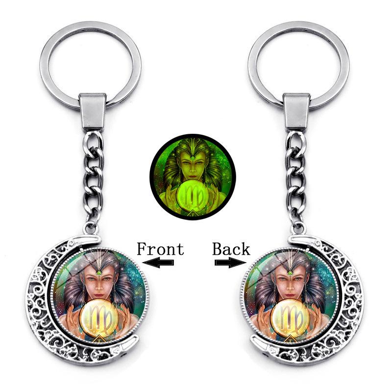 

Luminous Twelve Constellations Time Gemstone Keychain Pendant Rotating Moon Pendant Metal Keychain Hanging Gift One Size