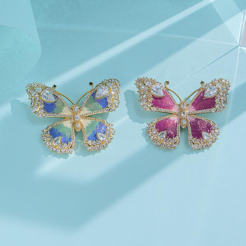 Cloisonné Enamel Copper Zircon Butterfly Brooch - Retro Style Coat Accessory