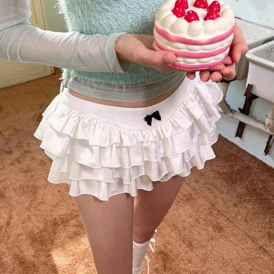 Y2k Kawaii Roztomilý dort volánky Bílá minisukně Ženy Mašle Úzká sukně Elastický pas Letní sukně do áčka Jít ven Party Streetwear