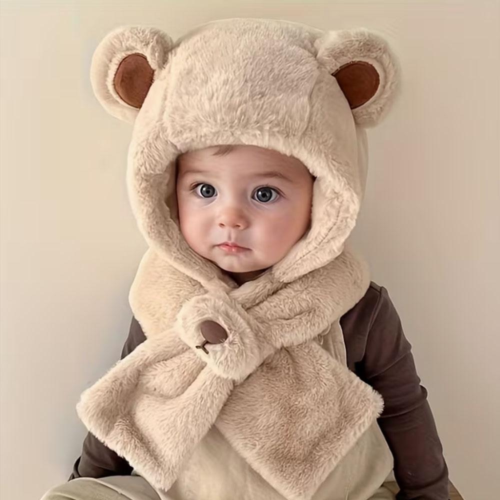 

2-6Y Kids Cartoon Bear Hooded Hat and Scarf Combo - Thickened Warm Ear Protection for Skiing, Parties, Outdoor Activities хакі