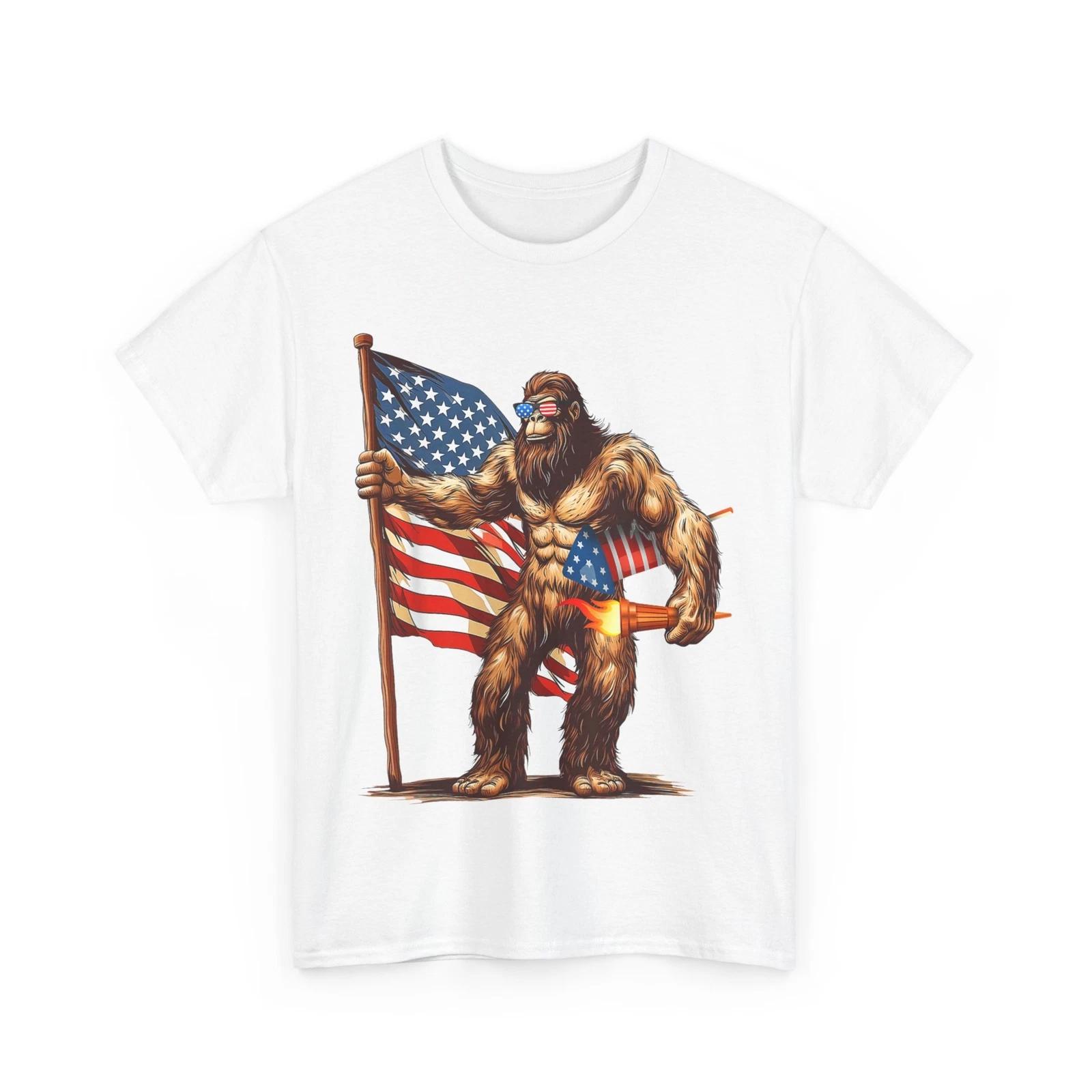 Bigfoot Fireworks 4th of July Shirt, Sasquatch American US Flag T-Shirt XL