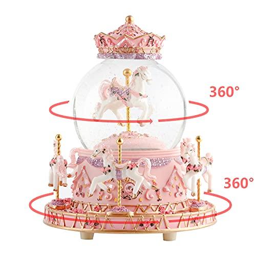 Snow globe with music box, color LED lights, merry-go-round, and crystal balls for automatic snowfall. A popular birthday or Christmas gift for girls,