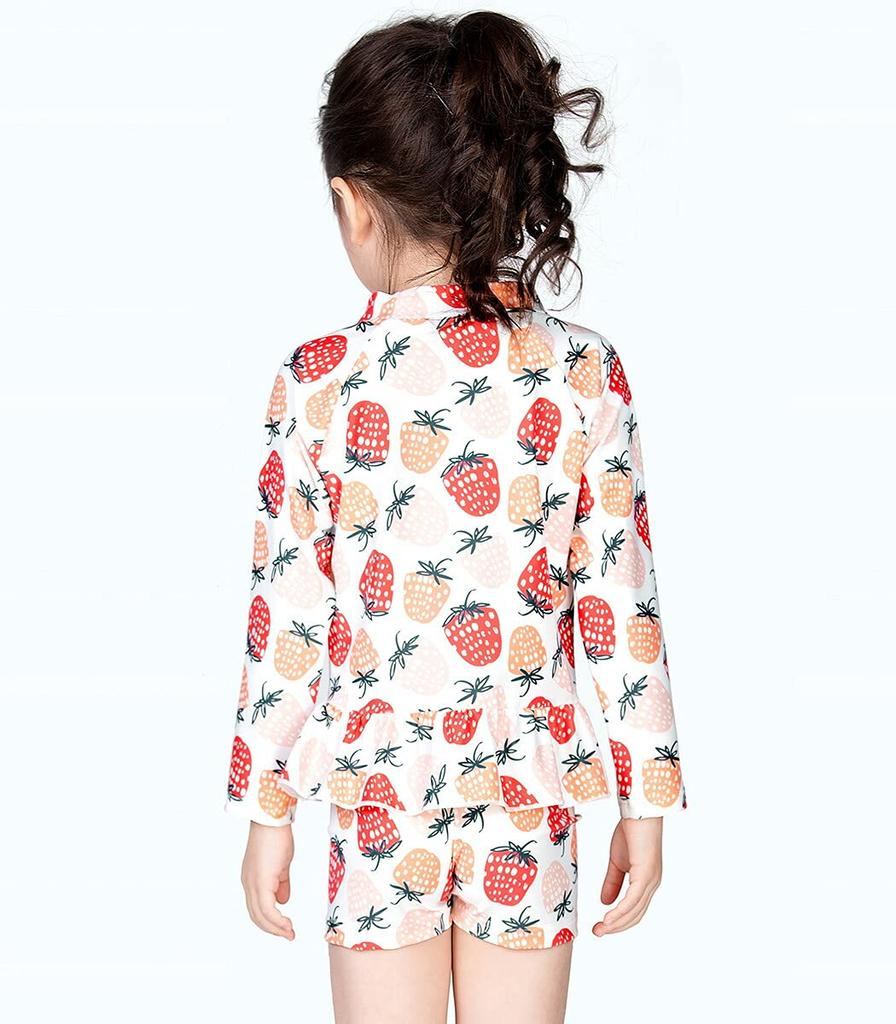 Kids Swimsuit for Long Sleeve Rash Swim Kids418 6T [Teddy] Girls, Separate, Children's Guard, Cap, 3-Piece Set, (Strawberry, (100cm), Numeric_100)