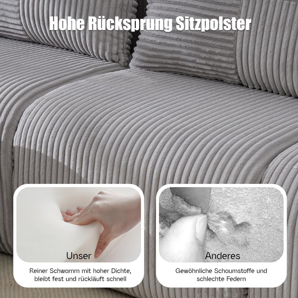 Modular Corduroy Sofa for 3 People (with 2 Stools), Freely Combinable, Including Drink Holder and Storage Pocket, Ideal for Living Room. Light Gray