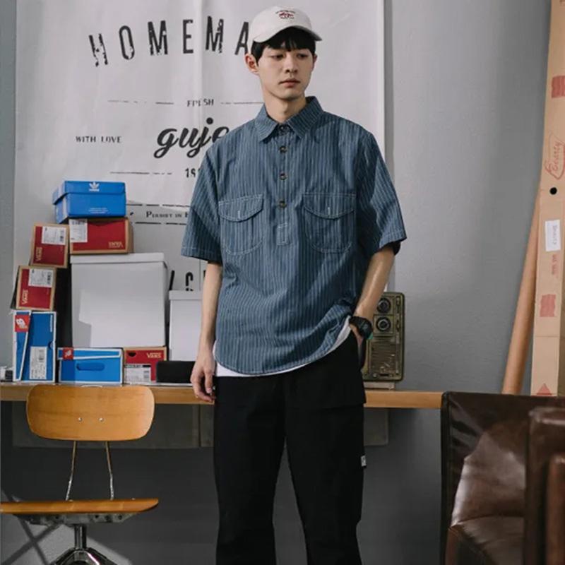 Letní košile Pánská Krátký rukáv Trend Retro Pruhované POLO Košile Mládež Volné Ležérní Bunda Top Tričko