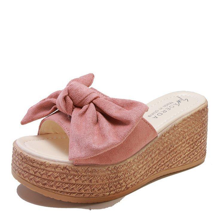 

Platform sandals wedge heel women s fashion summer new Korean version slippers outer wear heel sandals muffin bottom bow 40 рожевий