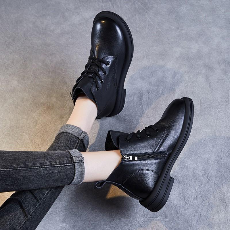 Johnature Botas de couro genuíno estilo britânico com cadarço e sola macia, botas curtas, sapatos femininos de cor sólida