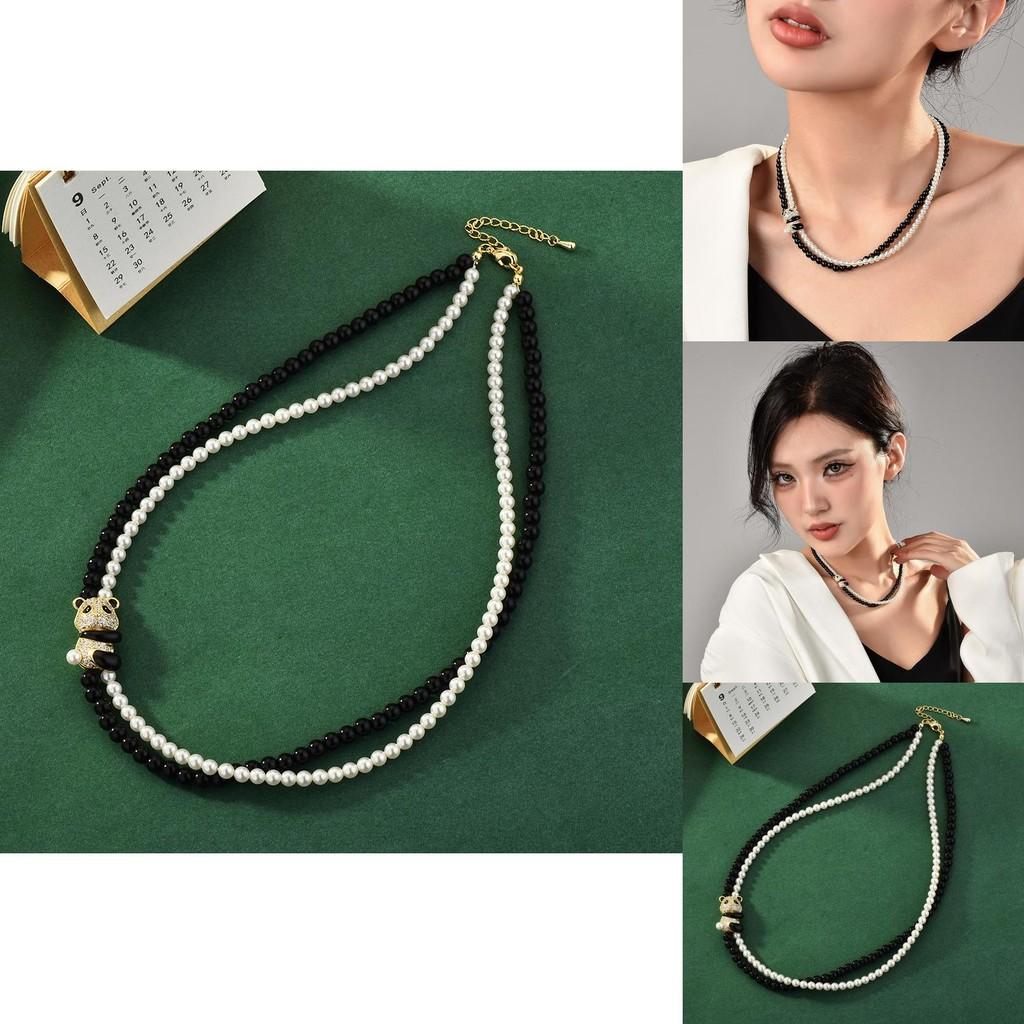 Black And Striking White Crystal Pearl Choker Necklace Featuring Vintage Panda Design For Enthusiasts Fashion