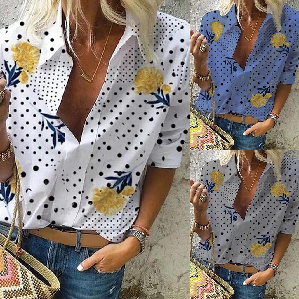 Buy Fashion Women Floral Print VNeck Long Sleeve Buttons Shirt Blouse