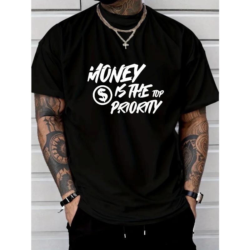 

European Size Christmas New Men S Casual Fashion T-Shirt Featuring a Money-Themed Letter Print. Made From 4XL чорний