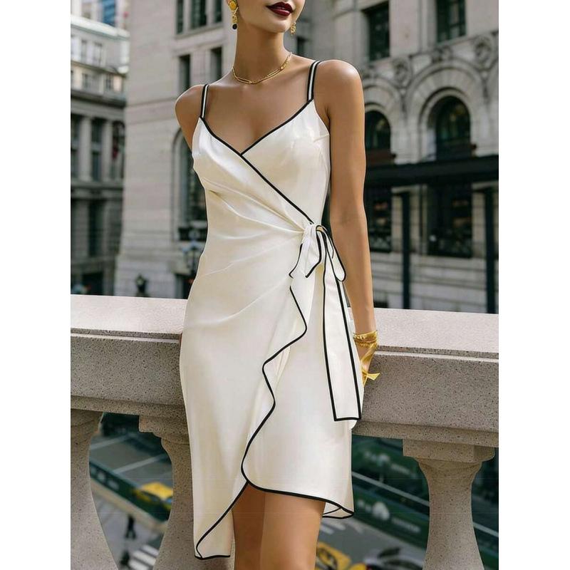 European summer new casual simple contrasting color irregular V-neck sleeveless short dress women S