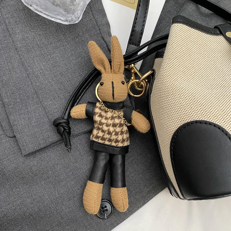 Splice Bump Color Design Hasp Bucket Bag Fashion Casual Slant Shoulder Bag  with Little Rabbit Pendant