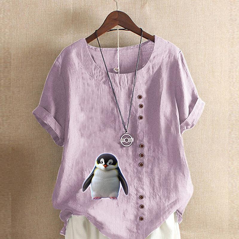 Women's Fashion Penguin Prined Round Neck Short Sleeve T-shirt Casual Cotton Linen Graphic Shirt Leisure Loose Summer Blouse Tops
