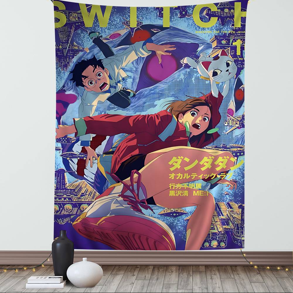 Popular Anime Dandadan Tapestry  Neon MultiColor Decor Banner Wild Character Art  Bold DANDADAN Typography Trippy Accent