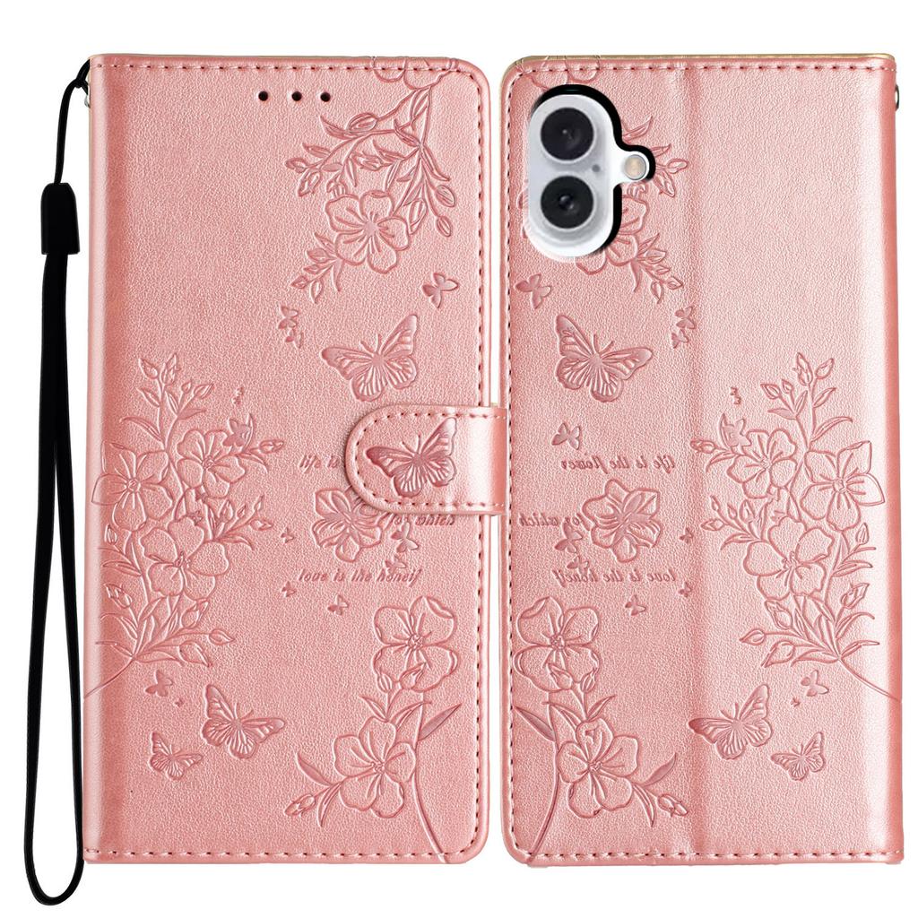 For iPhone 17 Wallet Phone Case Butterfly Floral Imprint Leather Flip Cover with Strap