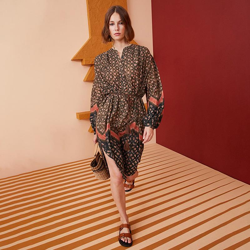 

European and American Casual Long-Sleeve Tie-Waist Beach Cover-Up Dress 22037496 L армія зелений колір