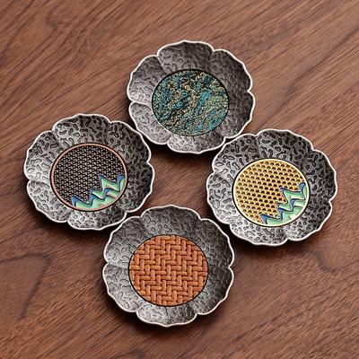 Antique Silver Alloy Teacup Mat Anti-scald Bamboo Mat Insulated Teacup Holder Saucer Kung Fu Tea Accessories with Storage Rack