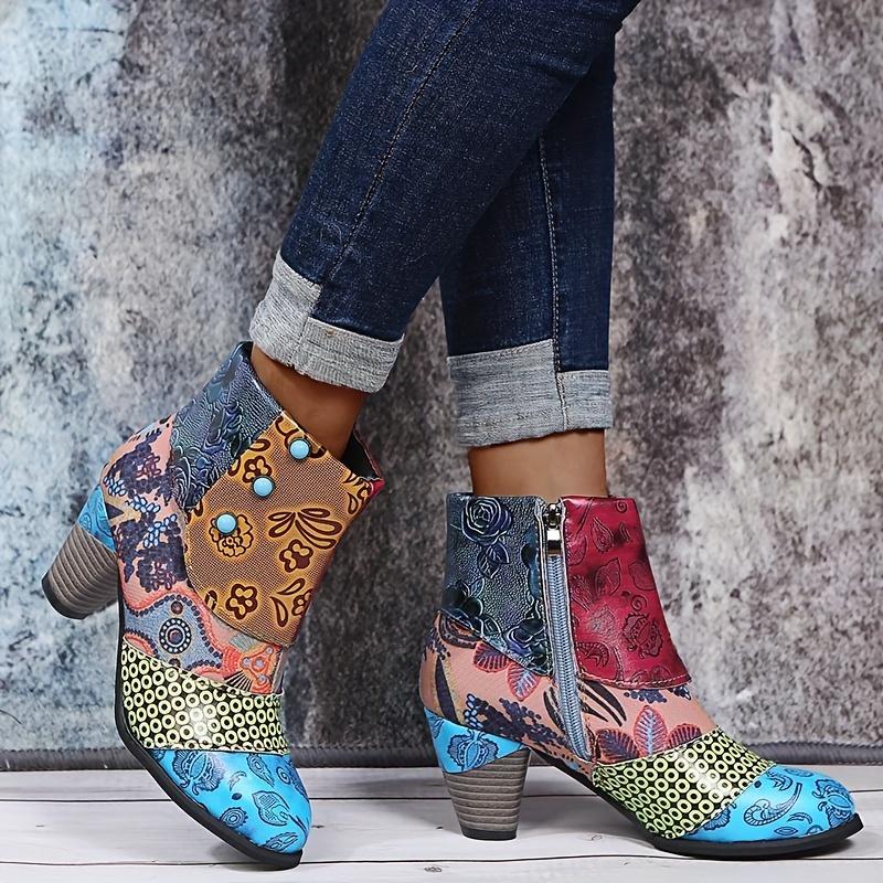 Stivaletti alla caviglia floreali chic per donna - Chiusura con cerniera laterale senza sforzo, comodo tacco spesso, versatili per tutte le occasioni