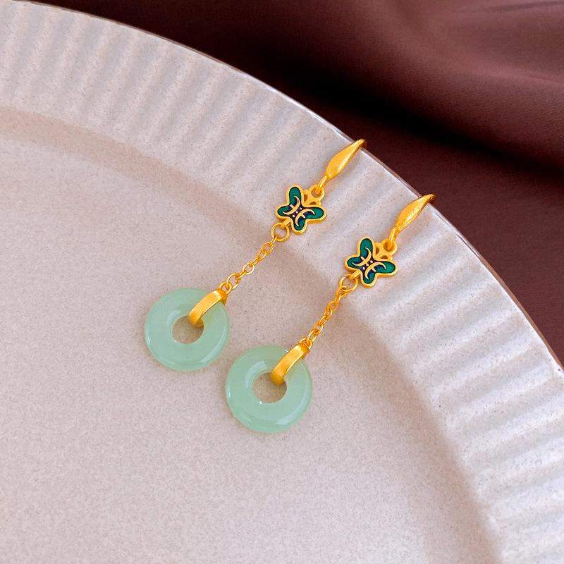 Elegant Hanfu Geometric Butterfly Jade Earrings for Women