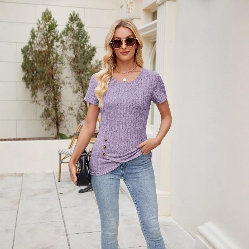 Top de damă nou, culoare uni, cu gât rotund, la modă, cu nasturi și volane la mânecile scurte